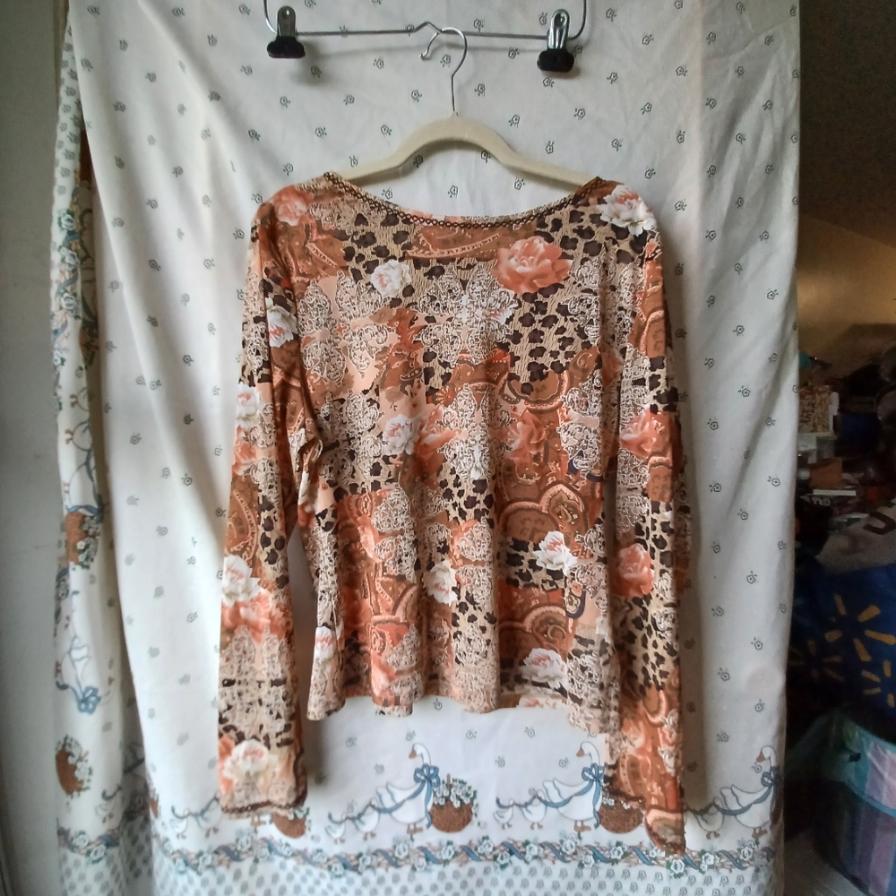 Y2K Boho Vintage Wardrobe Essentials Sheer Floral Long Sleeve Top In Warm Colors